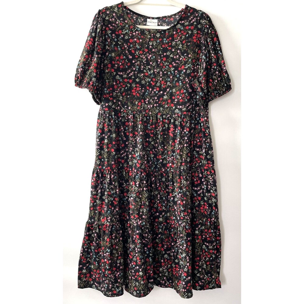 Ava & Viv Tiered Midi Dress Puff Short Sleeve Floral Black Size 1X-mpv